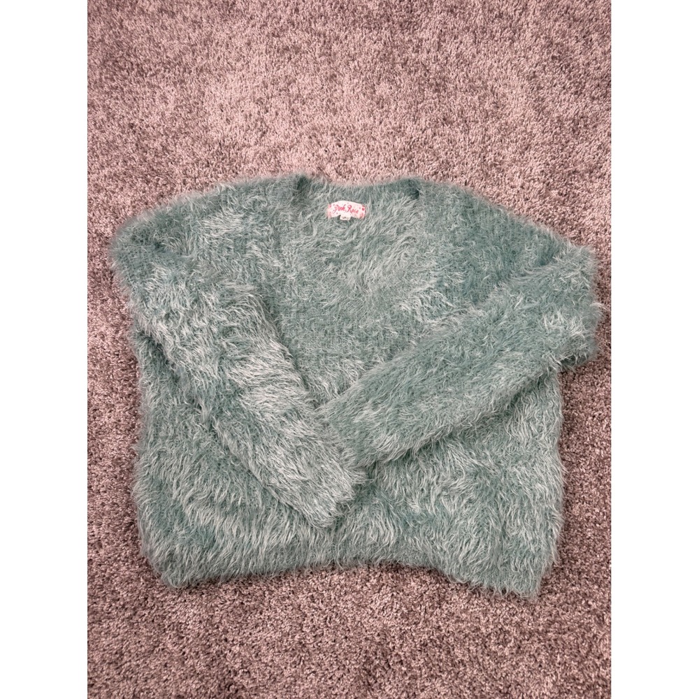 Pink Rose Fuzzy Eyelash Knit Sweater Womens Size Medium Sage Green Long Sleeve